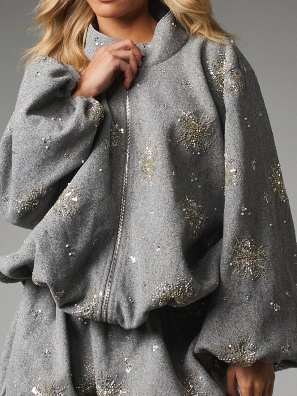 Grey Women's Rhinestone sequin Embellished Oversized Bomber Jacket